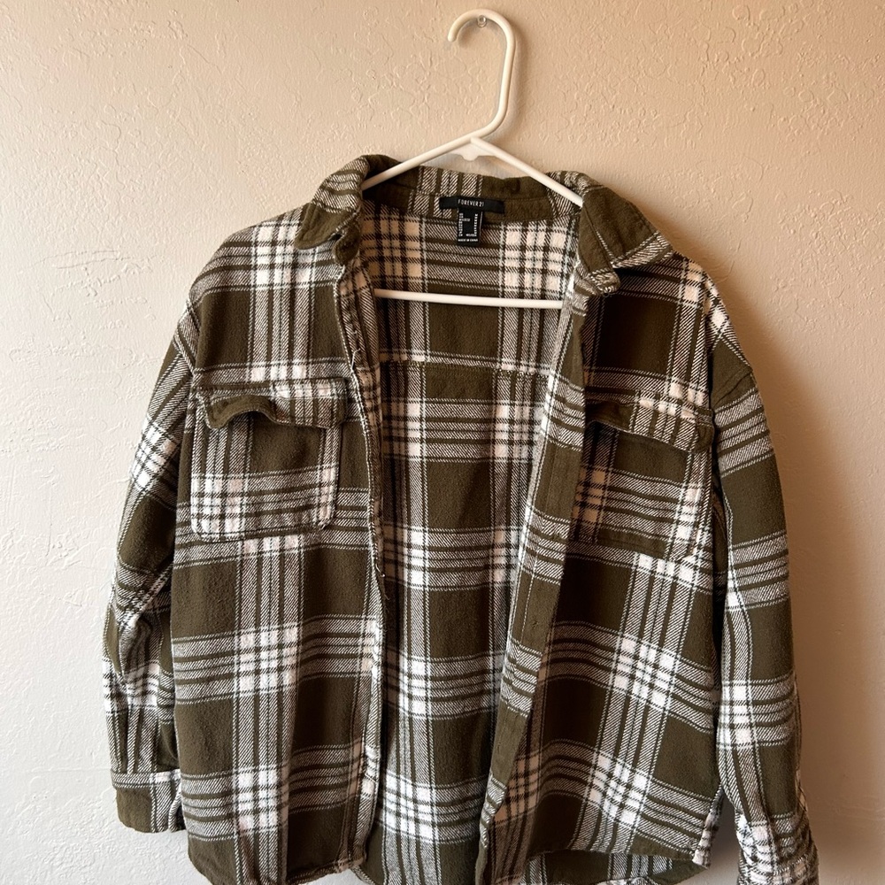 Forever 21 Olive and Cream Plaid Shirt